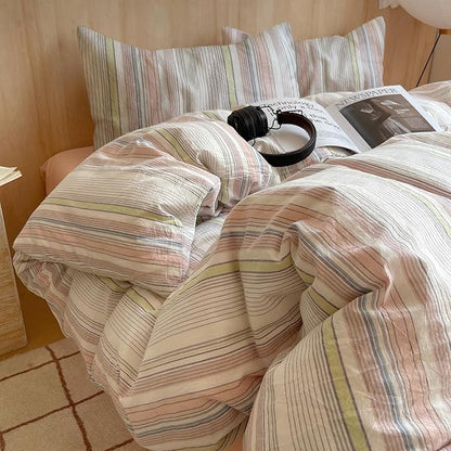 EAVD Pink Blue Yellow Striped Duvet Cover Queen Soft Washed Cotton Bedding Set 3 Pieces Pinstriped Bedding Set with 2 Pillowcases Reversible Farmhouse Geometric Pattern Duvet Cover with Zipper
