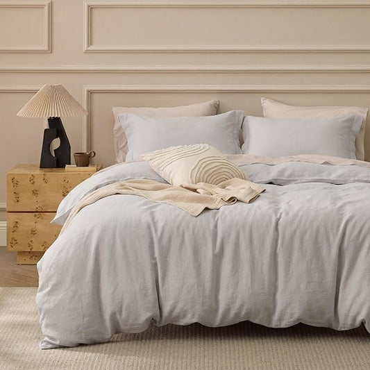 Bedsure 100% Washed Cotton Duvet Cover Queen Size - Light Grey Minimalist Bedding Set Linen Like - PureWoven Plain Simple & Soft Comforter Cover for All Seasons (Queen, 90"x90")
