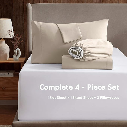 Nestl Short Queen Sheet Set - 1800 Ultra-Soft Microfiber - Double Brushed - Deep Pockets - Easy Fit - 4 Piece Set - Bed Sheets (Short Queen, Beige Cream)