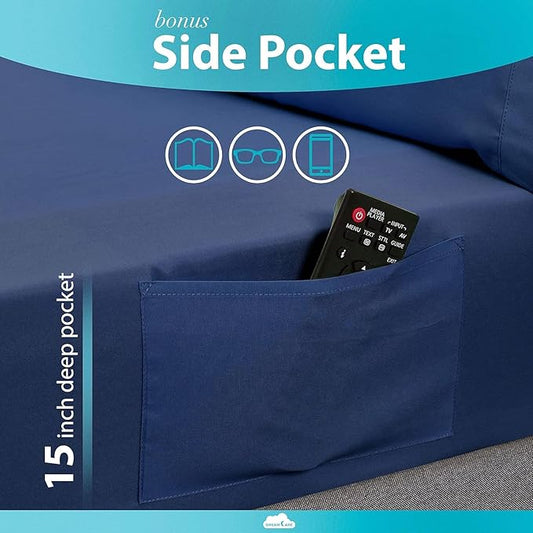 DREAMCARE Twin XL Sheet Set - Cooling Bed Sheets - 4pc Set - up to 15" Deep Pocket Twin XL Sheets - Soft & Long Lasting 100% Fine Brushed Polyester with Side Pocket - Navy Blue