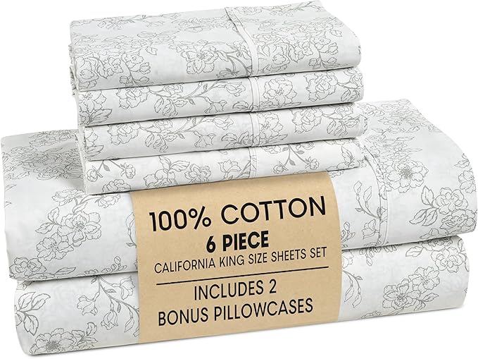 Casa Platino 100% Cotton Cal King Sheet Set – 6 Piece Cal King Sheet Set Cal King with Cool & Soft Feel, with 15 Inch Deep Pocket Fitted Sheet, Breathable & Cozy for a Good Nights Sleep – Ashpetal