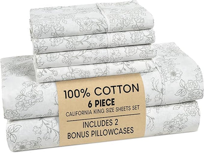 Casa Platino 100% Cotton Cal King Sheet Set – 6 Piece Cal King Sheet Set Cal King with Cool & Soft Feel, with 15 Inch Deep Pocket Fitted Sheet, Breathable & Cozy for a Good Nights Sleep – Ashpetal