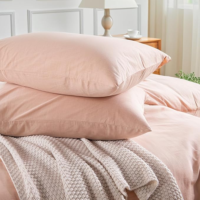 NEXHOME PRO Duvet Cover Set Oversized Queen 98"x98" Linen Look Textured Organic Natural 100% Washed Cotton Duvet Cover 3 Pieces Bedding Set Zipper Closure, Breathable, Dusty Pink (No Comforter)