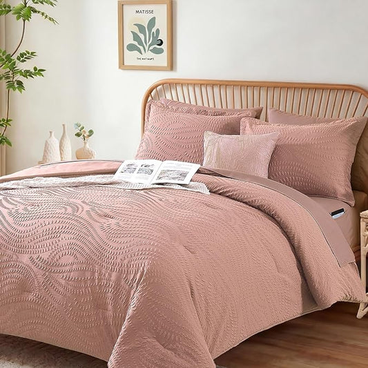 Geniospin Twin Comforter Set - 5 Pieces Dusty Pink Bedding Set, Botanical Textured Comforter Bed Set, All Season Lightweight Bed in a Bag with Comforter, Sheets, Pillowcases & Shams