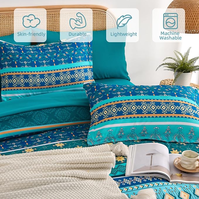 Boho Comforter Set Queen Size,7 Pieces Comforter Bedding Set Bed in a Bag Bohemian,Turquoise Blue Paisley Floral Comfortet and Sheet Set,Soft Striped Bedding Sets for All Season