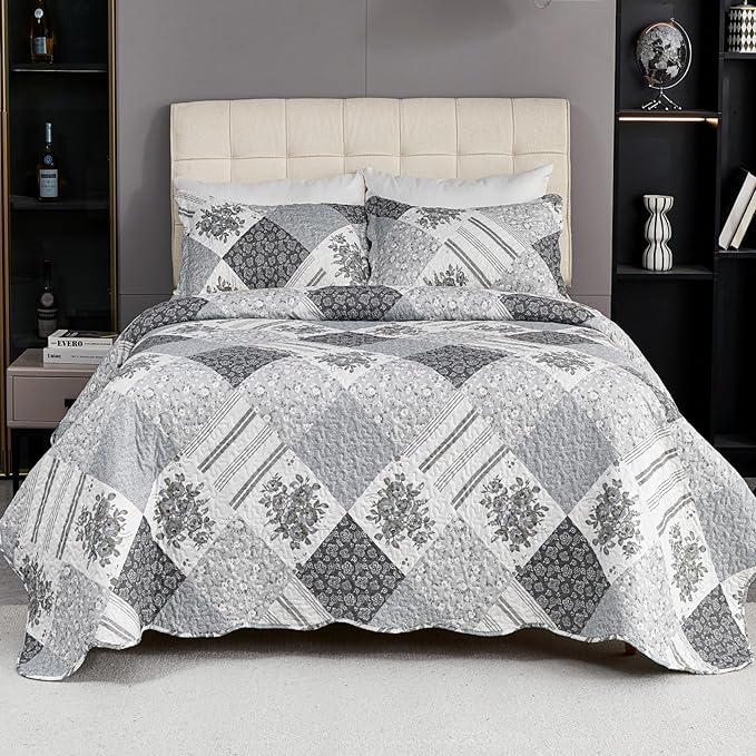 Cmfshape Summer Floral Queen Bedspread,Romantic Grey Quilt Set Full,Reversible Stitched Bedding Set All Season,Soft Lightweight Coverlet with Pillow Cases (Dark Grey, Queen90 x90)