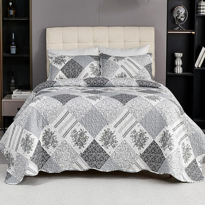 Cmfshape Summer Floral Queen Bedspread,Romantic Grey Quilt Set Full,Reversible Stitched Bedding Set All Season,Soft Lightweight Coverlet with Pillow Cases (Dark Grey, Queen90 x90)