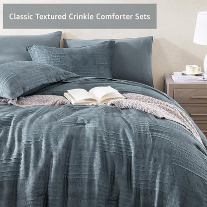 MaiRêve Full Size Comforter Sets Dusty Blue, Textured Design Crinkle Bedding Sets 7 Pieces, All Season Bed in A Bag with Comforter, Sheets, Pillowcases & Shams
