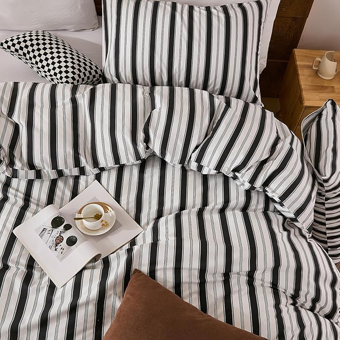 Merryword 100% Cotton Duvet Cover Set King Size - Black and White Striped Duvet Cover Set, Modern Minimalist Pinstripe Comforter Cover with Pillowcases, Soft Breathable Bedding Set for All Seasons