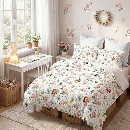 Kids Priness Comforter Set Twin Size for Girls, 2Pcs Pink Botanical Rose Bedding for Kids Kawaii Bedroom Decor, Cute Girly Rabbit Bear Comforter Set with 1 Pillowcase, 68"x86"