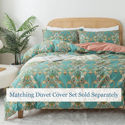 Zusbest 100% Cotton Blue Floral Pillowcases Standard Size Set of 2, 19''×29'', Queen Size Teal Orange French Country Floral Printed Reversible Pillow Covers Soft Envelope Queen Pillowcase Protectors