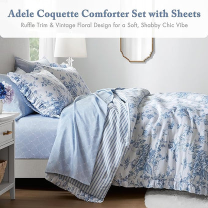 Madison Park Essentials Adele Blue Floral Cal King Size Comforter Set – Vintage Bed in a Bag with Sheets, Reversible Ruffle Bedding, Elegant Gift for Her