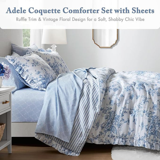 Madison Park Essentials Adele Blue Floral Twin XL Size Comforter Set – Vintage Bed in a Bag with Sheets, Reversible Ruffle Bedding, Elegant Gift for Her