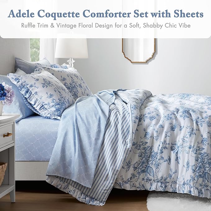 Madison Park Essentials Adele Blue Floral Full Size Comforter Set – Vintage Bed in a Bag with Sheets, Reversible Ruffle Bedding, Elegant Gift for Her