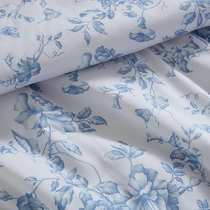 Madison Park Essentials Adele Blue Floral King Size Comforter Set – Vintage Bed in a Bag with Sheets, Reversible Ruffle Bedding, Elegant Gift for Her