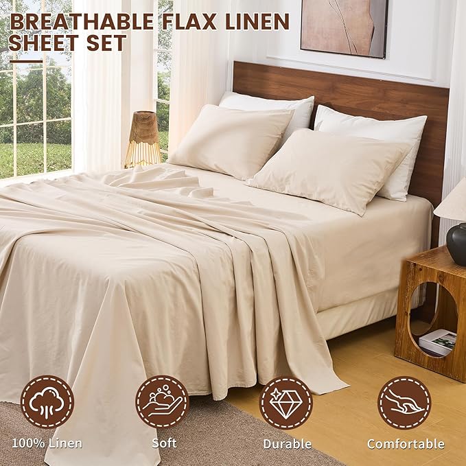 Bedlifes 100% French Flax Linen Sheets Set Queen Size - 6 Piece Extra Deep Pocket 18-24",Soft Breathable Queen Bed Sheets with Temperature Regulating & Moisture-Wicking(Linen