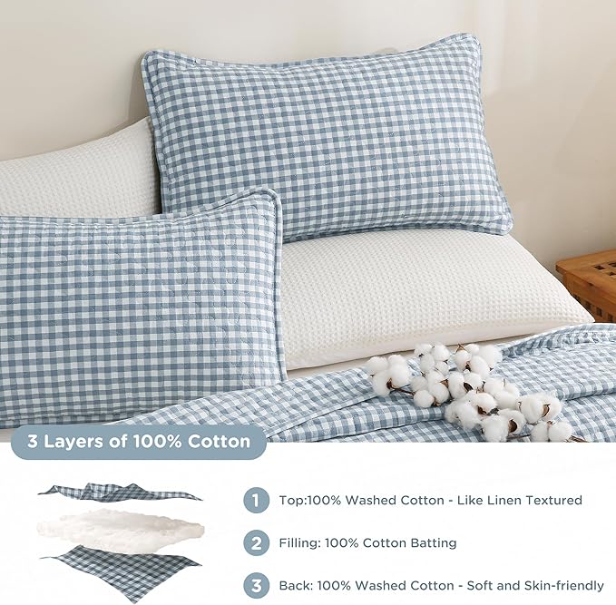 TOCOMOA Blue Gingham Quilt Bedding Set 100% Washed Cotton Bedspread Coverlet Like Linen Feel Soft Comfy Breathable 3 Piece Plaid Checkered Lightweight Comforter Set for All Season, Queen 96"x90"