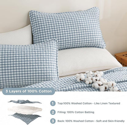 TOCOMOA Blue Gingham Quilt Bedding Set 100% Washed Cotton Bedspread Coverlet Like Linen Feel Soft Comfy Breathable 3 Piece Plaid Checkered Lightweight Comforter Set for All Season, Queen 96"x90"