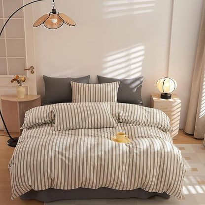 Grey Striped King Size Comforter Set Down Alternative Cozy Bedding Set Fluffy Washed Cotton All Season Boho Bedding Comforter Sets Washable Soft Vintage Cute Bed Comforter with 2 Pillowcases