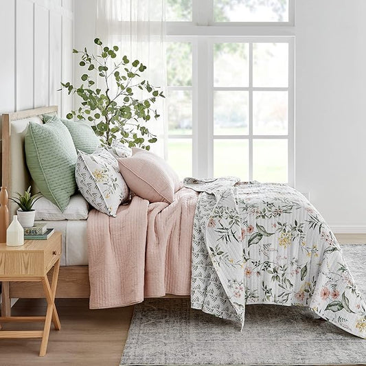Levtex Home Cross Stitch Reversible Full/Queen Quilt Set (88x92in) with 2 Pillow Shams (26x20in) - Stitch Texture - Blush - Cotton Full/Queen Size Quilt Bedding Set - Lightweight, Soft, Pre-Washed