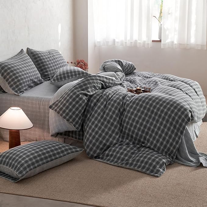 EAVD Vintage Style Grey Plaid Gingham Duvet Cover Queen Soft 100% Cotton Muslin Grey Grid Checkered Bedding Set with 2 Pillowcases Reversible Plaid Duvet Cover with Zipper Closure