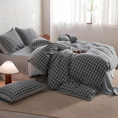 EAVD Vintage Style Grey Plaid Gingham Duvet Cover Queen Soft 100% Cotton Muslin Grey Grid Checkered Bedding Set with 2 Pillowcases Reversible Plaid Duvet Cover with Zipper Closure