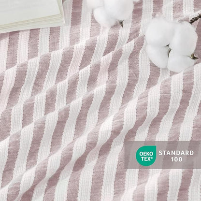 MILDLY Jacquard Stripe Duvet Cover - 100% Washed Cotton Pale Mauve Boho Textured Comforter Cover 3pcs with Zipper Closure 80"x90"