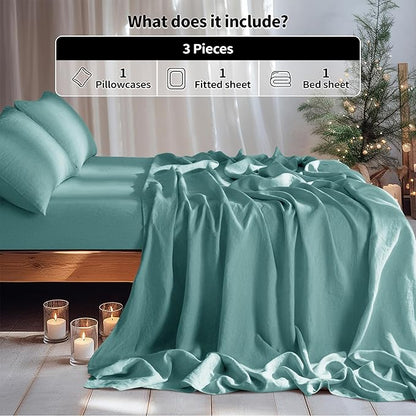 LBRO2M 100% Pure Linen Sheet Set Deep Pocket Up to 16" Bed Sheets Sets, Natural Flax Beddings Soft, Breathable, Comfortable for All Seasons Twin XL Size, Aqua