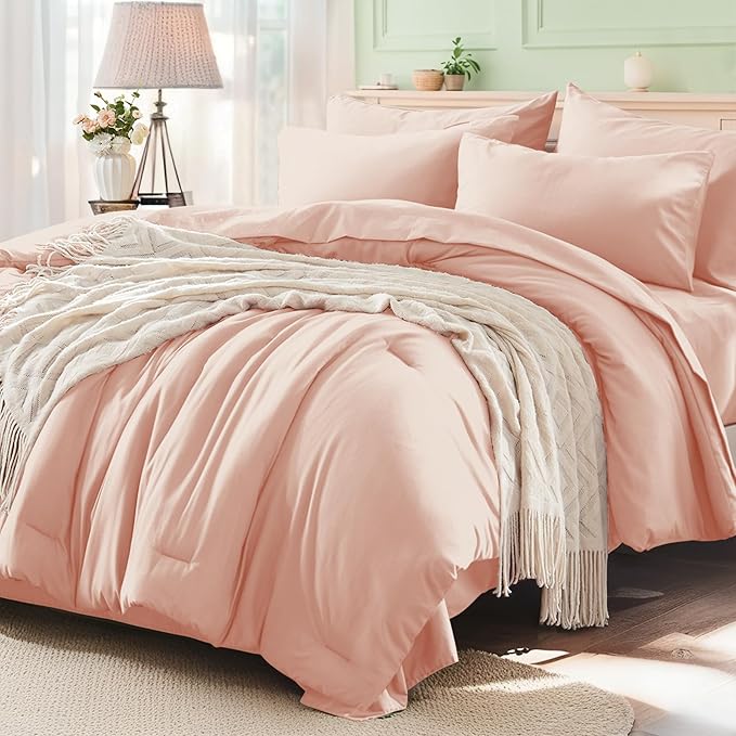 Anluoer Pink King Comforter Set 7 Pieces, Bed in a Bag with Sheets, All Season Bedding Sets with 1 Comforter, 2 Pillow Shams, 2 Pillowcases, 1 Flat Sheet, 1 Fitted Sheet