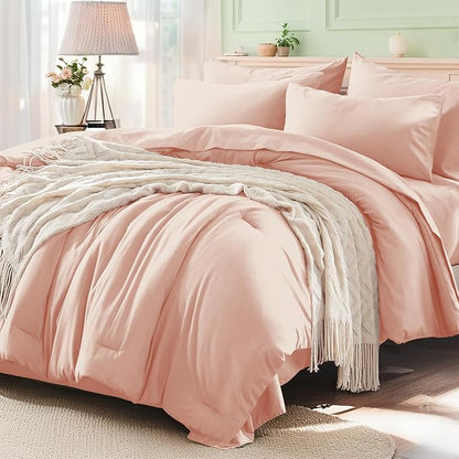 Anluoer Pink King Comforter Set 7 Pieces, Bed in a Bag with Sheets, All Season Bedding Sets with 1 Comforter, 2 Pillow Shams, 2 Pillowcases, 1 Flat Sheet, 1 Fitted Sheet
