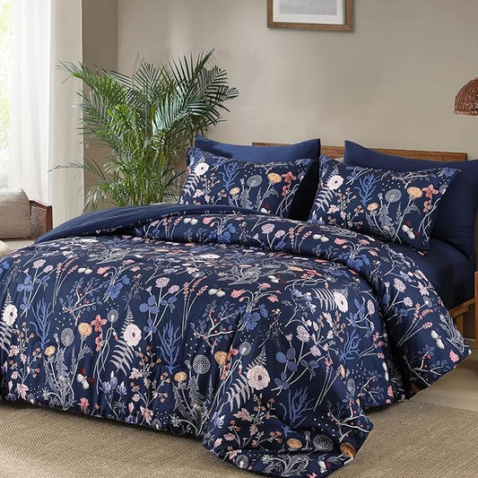 Yiran Queen Comforter Set, 7 Pieces Navy Blue Floral Soft Bedding Sets, Queen Bed in a Bag with Botanical Flowers Winter Comforter, Sheets, Pillowcases & Shams