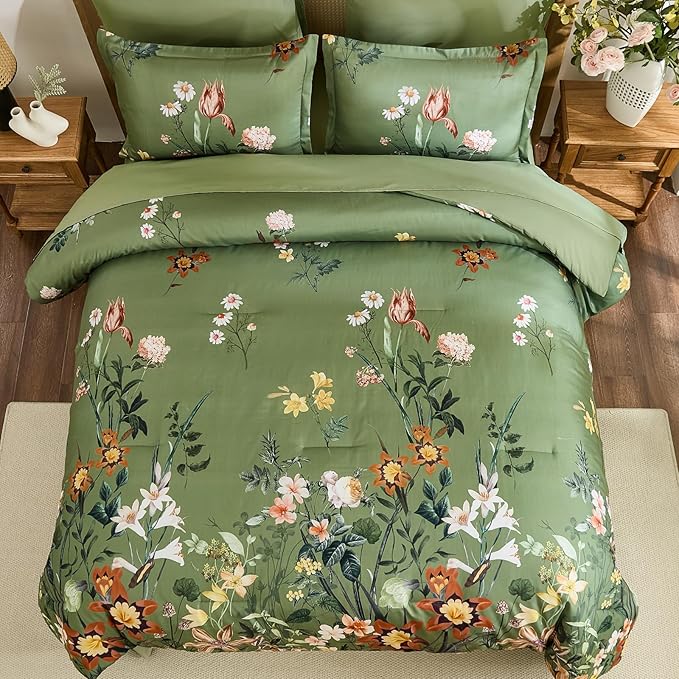 WONGS BEDDING Green Floral Comforter Set King, 7 Piece Bed in a Bag Bedding Set with Botanical Flowers Patterns, Soft Lightweight Complete Comforters with Sheets for All Season