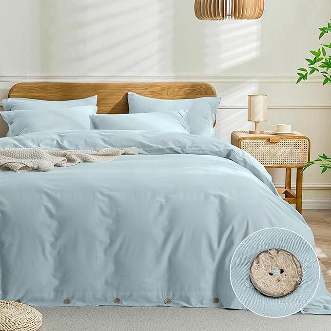 JELLYMONI Cotton Duvet Cover Cal King Size - Light Blue Comforter Cover with Button 100% Washed Cotton 3PCS Breathable Soft Solid Bedding Set Duvet Cover 104×98in & 2 Pillowcases (NO Comforter)
