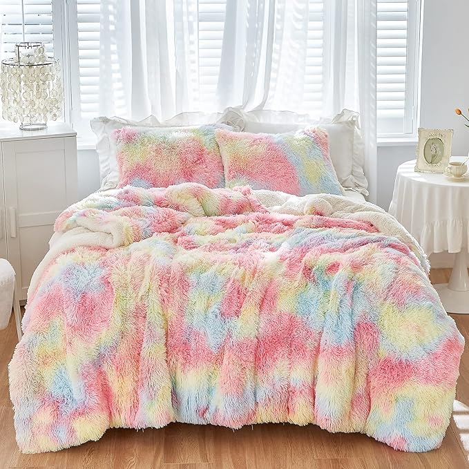 Luxury Faux Fur Shaggy Comforter Set Full/Queen Size, Plush & Sherpa Reversible Comforter Tie Dye Rainbow, 3-Piece Fluffy Fuzzy Bedding Set Ultra Soft and Warm for Winter (1 Comforter + 2 Pillowcases)