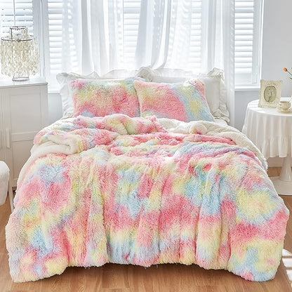 Luxury Faux Fur Shaggy Comforter Set Full/Queen Size, Plush & Sherpa Reversible Comforter Tie Dye Rainbow, 3-Piece Fluffy Fuzzy Bedding Set Ultra Soft and Warm for Winter (1 Comforter + 2 Pillowcases)