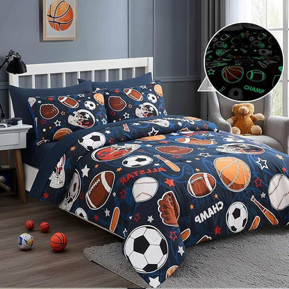 Full Size Comforter Set for Boys-7 Pieces Sports Ball Games Glow in the Dark Full Bedding Sets for Kids, Ultra Soft Bed in A Bag with Sheets