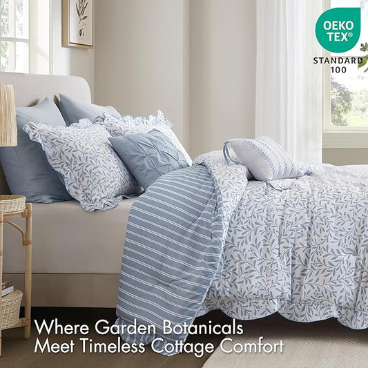 Madison Park 5-Piece Reversible Botanical Comforter Set - Summer Floral Print with Scalloped Edges, Lightweight Bedding with Decorative Pillows, King, Blue | Reversible, Lightweight