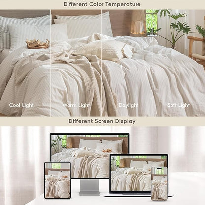 MooMee Striped Duvet Cover Set 100% Washed Cotton Linen Like Textured Breathable Durable Soft Comfy (White Almond Milk Grey Wide Stripes, Super King 108"x98")