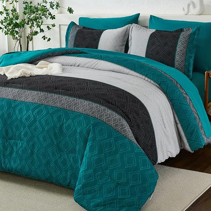 Dinjoy Teal Blue King Size Comforter Set,Striped Boho Bed in a Bag King 7 Pieces Soft Fall Bedding Comforters Sets wiht Sheets Microfiber Complete Bed Sets for All Season