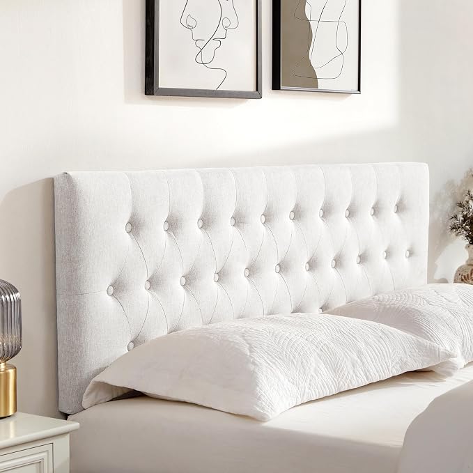 Upholstered Headboard California King, Adjustable Height 37''- 51'', White | Sturdy Durable Solid Wood Bed Headboard, Tufted Fabric California King Headboard, Modern Button Diamond Design Head Board