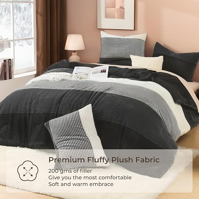 Litanika Fluffy Fleece Twin Comforter Set, Luxury Soft Plush Fuzzy Grey White Stripe Bedding Comforter Sets, Warm Shaggy Faux Fur Bed Set All Season (1 Comforter, 1 Pillowcase)