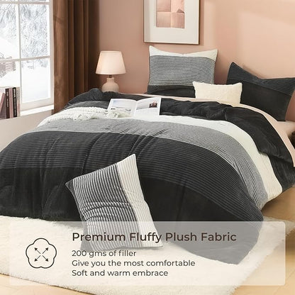 Litanika Fluffy Fleece Queen Comforter Set, Luxury Soft Plush Fuzzy Grey White Stripe Bedding Comforter Sets, Warm Shaggy Faux Fur Bed Set All Season (1 Comforter, 2 Pillowcases)