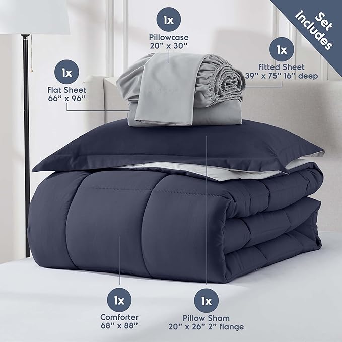 Nestl 5 Piece Twin Comforter Set – Navy Reversible Bed in a Bag – Complete Twin Size Bedding Set with Sheets, Pillowcase and Sham