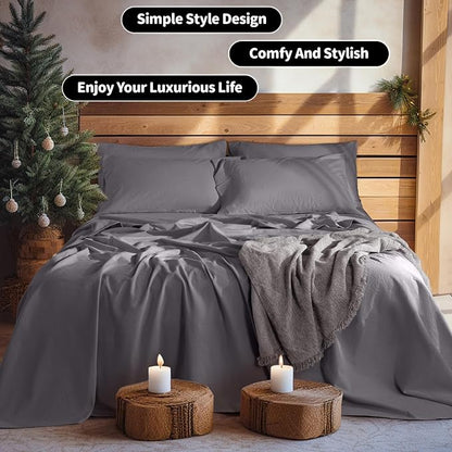 LBRO2M 100% Pure Linen Sheet Set Deep Pocket Up to 16" Bed Sheets Sets, Natural Flax Beddings Soft, Breathable, Comfortable for All Seasons 6 Pcs Sheet Set Queen Size, Dark Grey