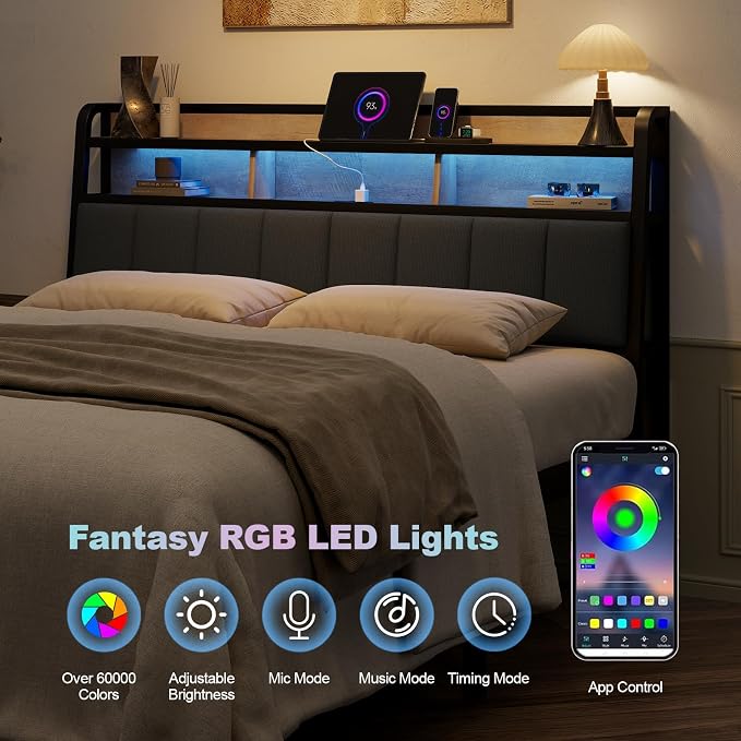 Queen Headboard Only with Storage, Upholstered Headboards for Queen Size Bed with LED Light, Charging Station, Height Adjustable, Sturdy and Stable Headboard, Black & Brown
