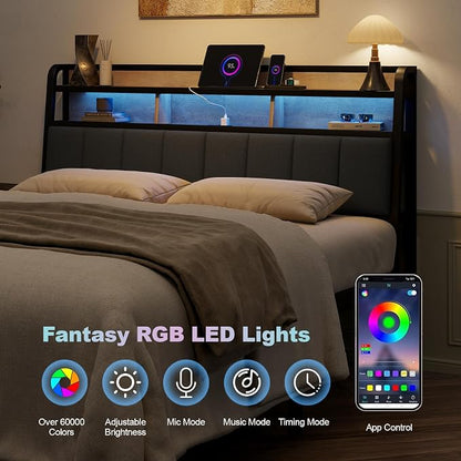 Queen Headboard Only with Storage, Upholstered Headboards for Queen Size Bed with LED Light, Charging Station, Height Adjustable, Sturdy and Stable Headboard, Black & Brown