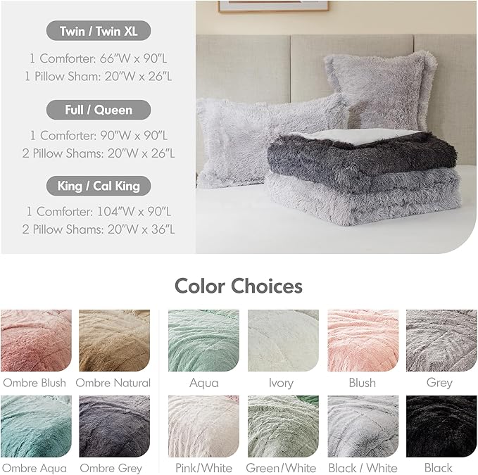 Intelligent Design Brielle, Long Shaggy Faux Fur Comforter Set, Plush Reverse, Trendy Ombre Design, Modern, Cozy All Season Bedding, Matching Sham, King/Cal King(104"x90") Grey 3 Piece