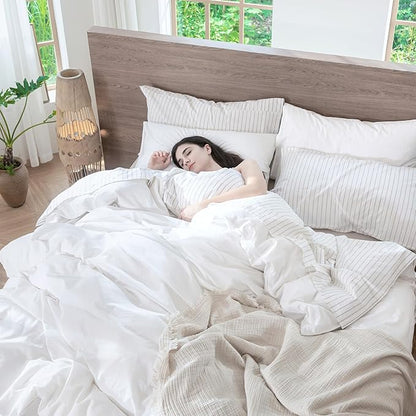 MooMee Bedding Duvet Cover Set 100% Washed Cotton Linen Like Textured Breathable Durable Soft Comfy (Solid Bright White, Super Queen 90"x98")