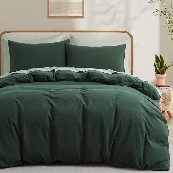 LOVQUE Forest Green Duvet Cover Full Size, 100% Washed Cotton Linen Like Bedding Set with Zipper Closure (No Comforter), 80x90 Inches