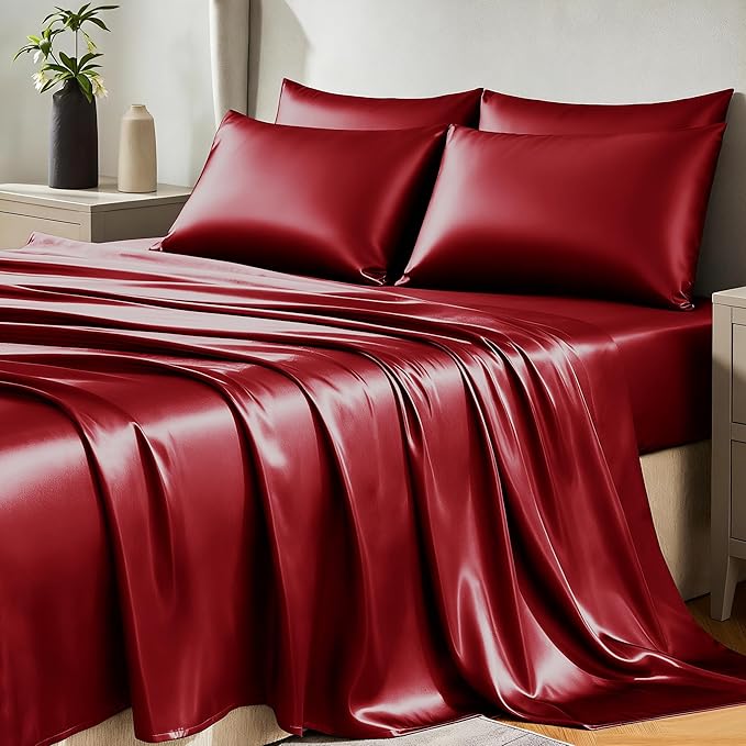 CozyLux Satin Sheets Queen Size Bed Set - 6 Piece Silky Queen Sheet Set, Luxury Burgundy Queen Sheets with Smooth and Soft Microfiber, Includes 1 Fitted Sheet, 1 Flat Sheet and 4 Pillowcases